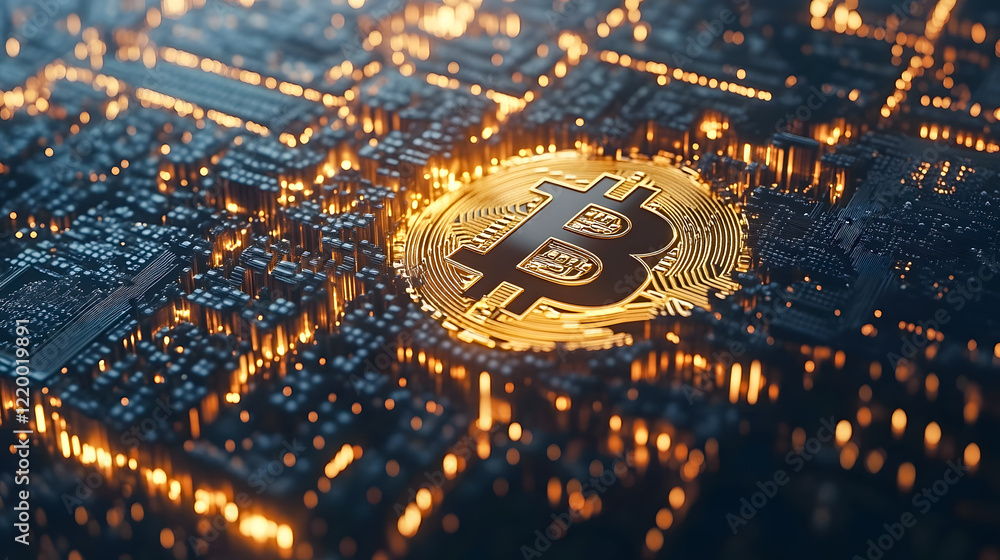 Poster golden bitcoin coin gleaming on complex circuit board with glowing lights representing modern crypto