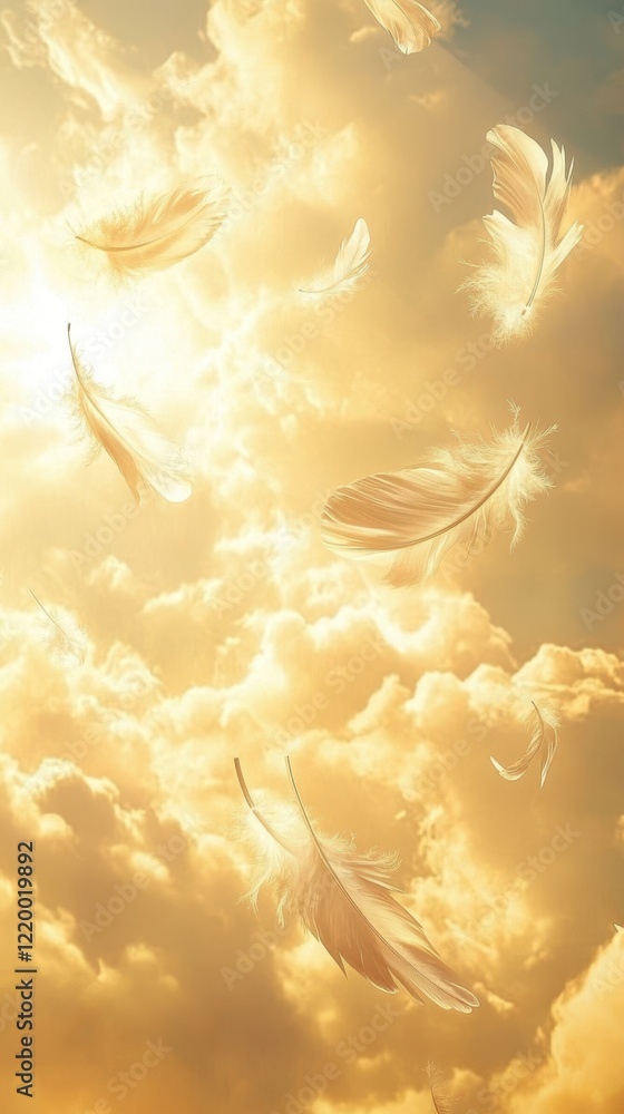 Poster ethereal feathers floating through soft golden cloudscape