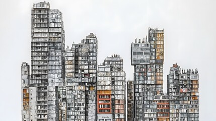 Obraz premium Decaying urban skyline model, studio shot, white background, architectural decay concept