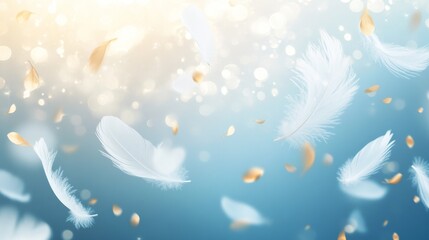 Delicate Soft White Feathers and Golden Leaves Floating in Air