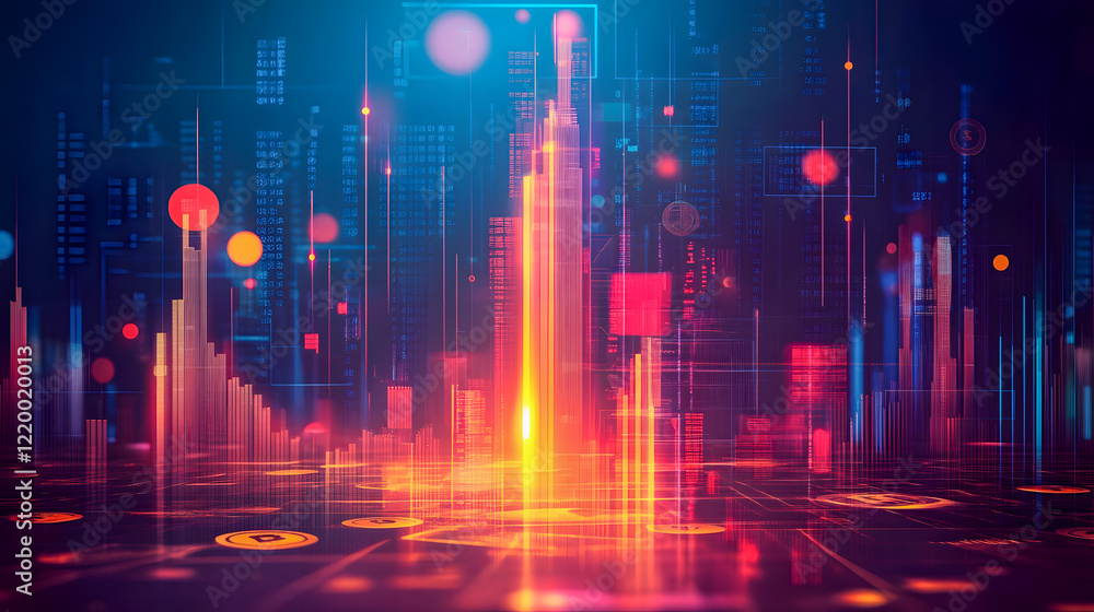 Poster vibrant abstract digital visualization of data metrics and statistics in futuristic technology backg