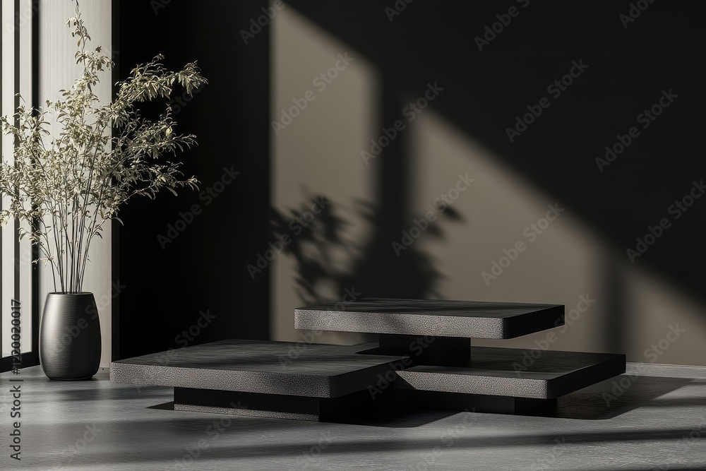 Poster stylish black tiered display stands in a minimalist setting. ideal for showcasing products or enhanc
