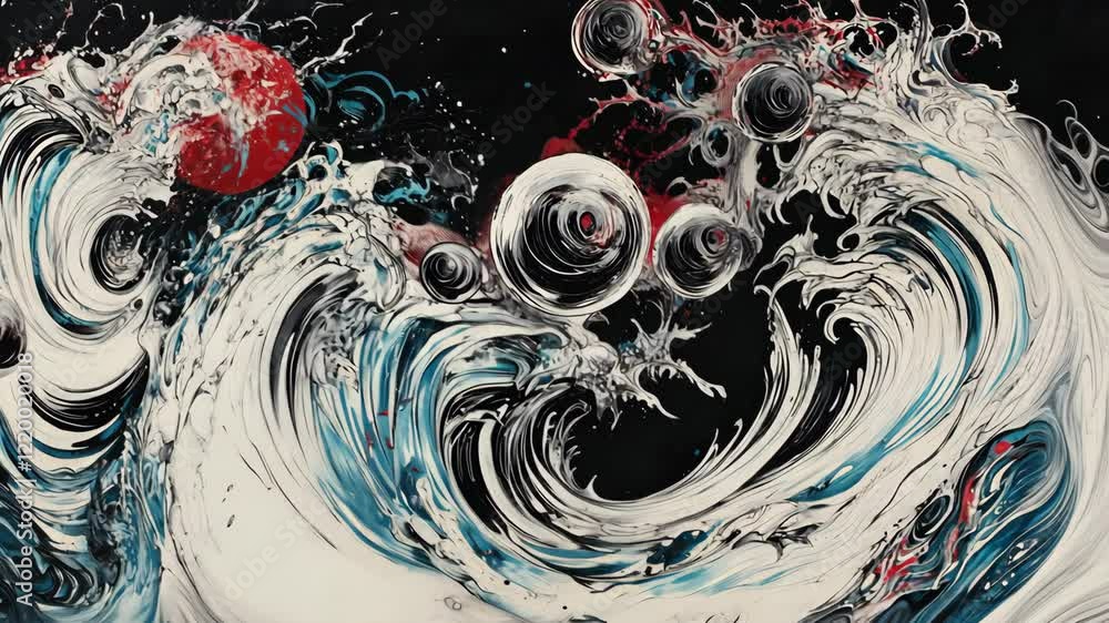 Poster abstract depiction of waves and celestial bodies in a dynamic cosmic setting