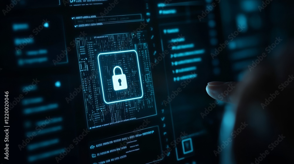 Poster cybersecurity protection, hand securing digital padlock on computer for enhanced data security
