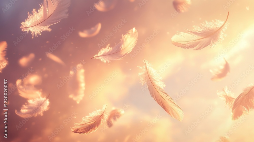 Poster soft and ethereal falling feathers in warm light background