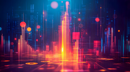 Vibrant Abstract Digital Visualization of Data Metrics and Statistics in Futuristic Technology Background with Colorful Light Effects