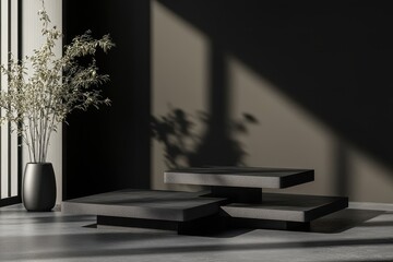 Obraz premium Stylish black tiered display stands in a minimalist setting. Ideal for showcasing products or enhancing design mockups.