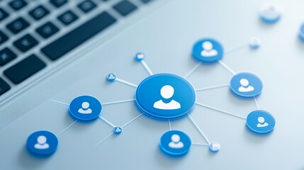 Laptop displaying a blue social media icon, connecting to online communities and digital networks.