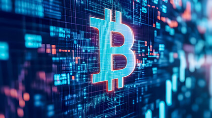 Obraz premium Digital Representation of Bitcoin Logo Surrounded by Data Streams and Charts for Cryptocurrency Concepts and Financial Innovation