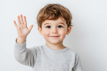 Little boy with light brown hair, wearing a cozy gray sweater, raising his hand in a friendly wave while smiling warmly against a clean white background