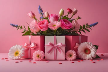 Happy Valentine's Day typography on soft pink background gifts candle roses red hearts. Cute love sale greeting card concept flat lay top view.