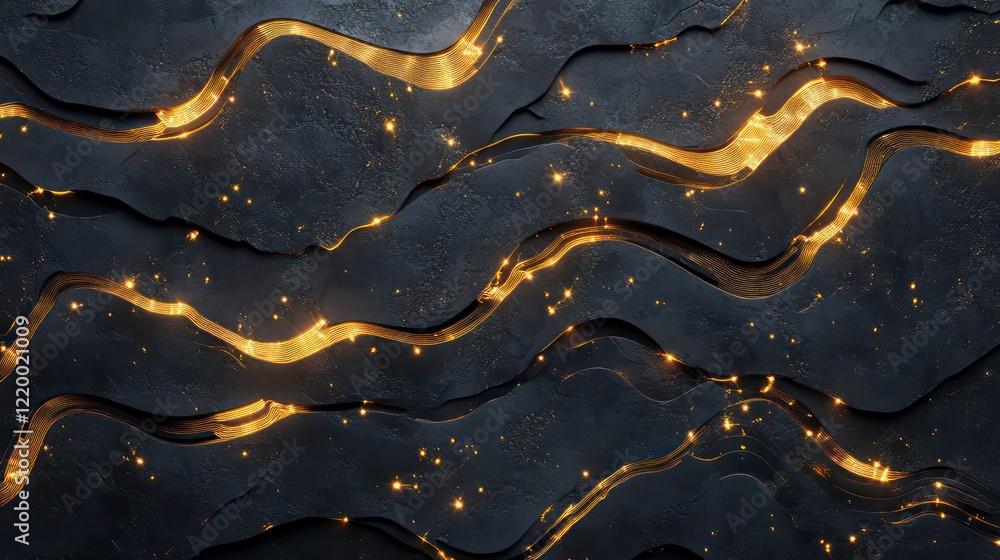 Poster abstract dark background with golden lines and sparkles.