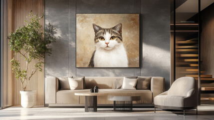 Cat Portrait in Modern Living Room: A serene tabby cat stares directly at the camera in a large, framed portrait hanging above a beige couch in a stylish, minimalist living room.