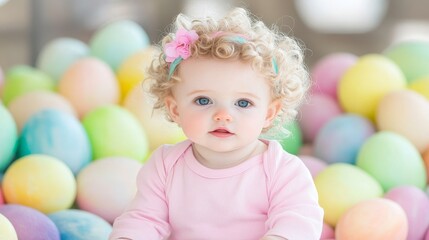 Fototapeta premium Adorable Baby Girl Amidst Pastel Easter Eggs
