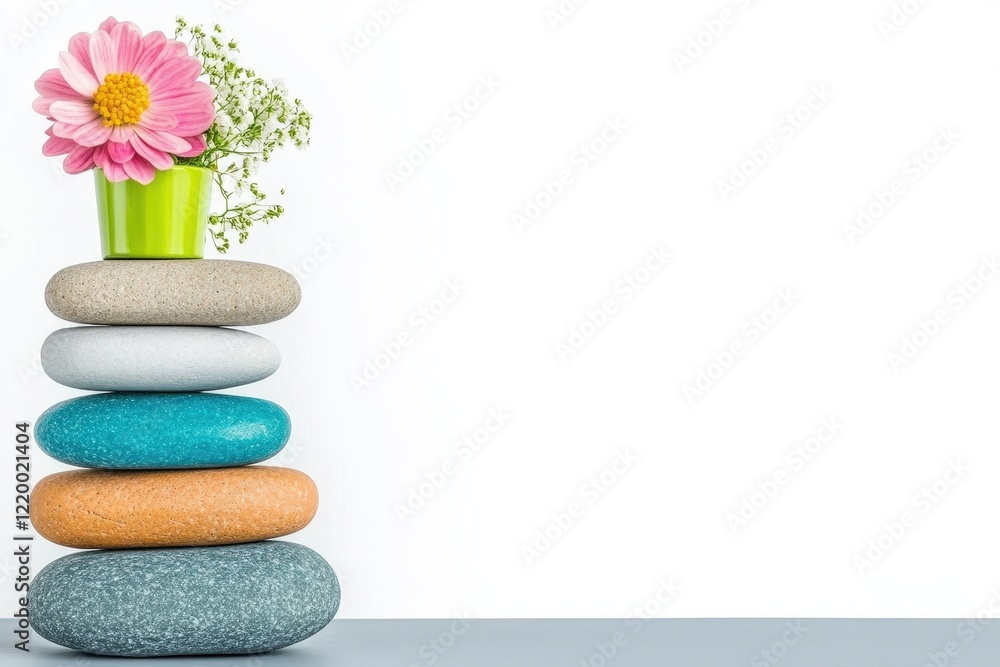 Poster a single flower resting on a balanced stack of smooth stones in a natural setting