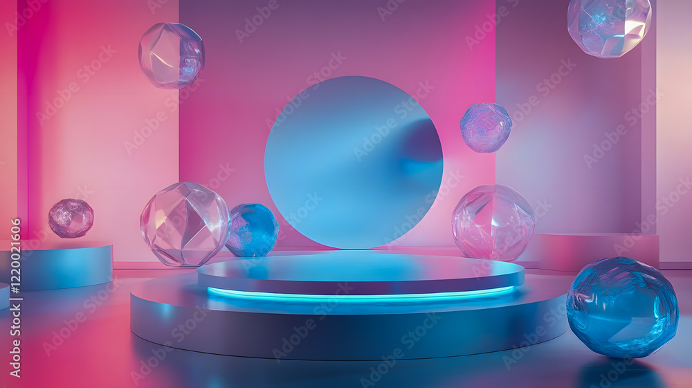 Poster abstract composition with colorful geometric shapes and glowing elements in a minimalistic studio se