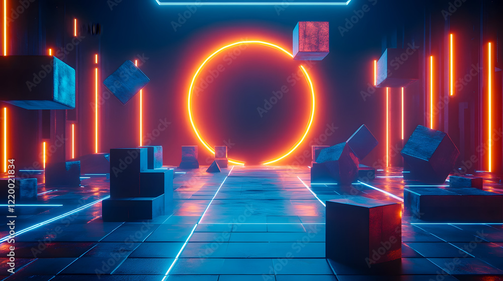 Poster futuristic neon environment with geometric shapes and vibrant lighting in an abstract space setting