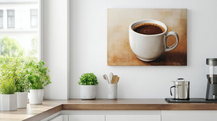Obraz premium Coffee Canvas in Kitchen: A still life of a steaming cup of coffee painted on a canvas, hanging in a contemporary kitchen, capturing the warmth and comfort of a simple yet essential beverage. 