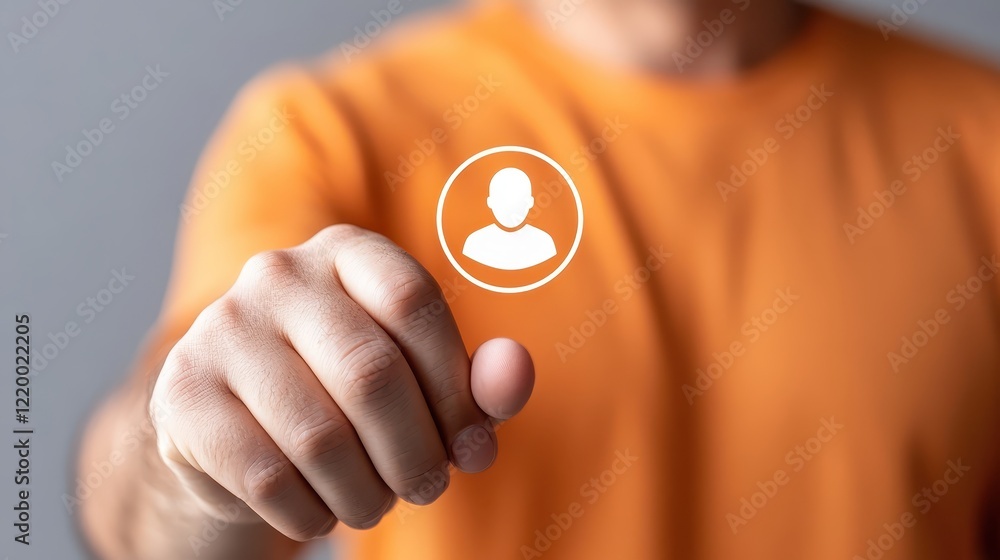 Aufkleber man pointing directly at the camera with white button on finger, a visual representation of focus, c