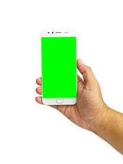 Hand holding Green screen Mobile phone  isolated on a white background