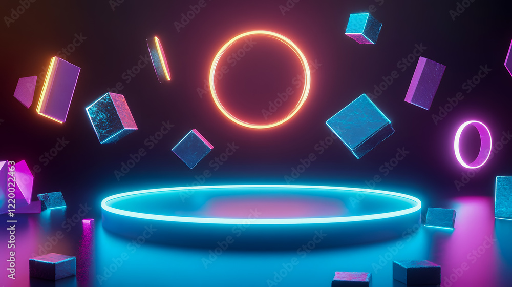 Poster abstract neon scene with floating geometric shapes and luminescent circles in futuristic digital spa