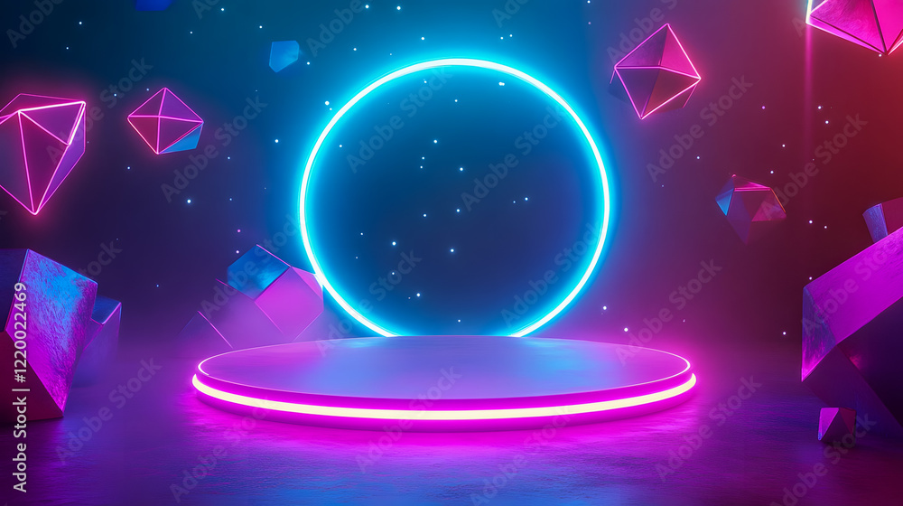 Poster neon light stage with floating geometric shapes and starry background for futuristic visuals and eve