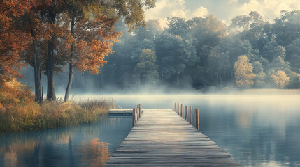 Serene Autumn Lake with Misty Fog and Wooden Dock