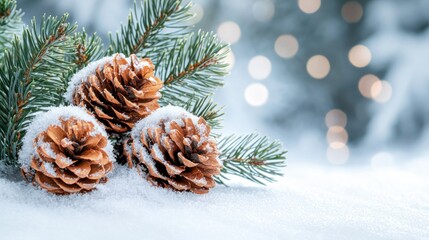 Obraz premium Snowy pine cones, winter branch, bokeh lights, holiday card