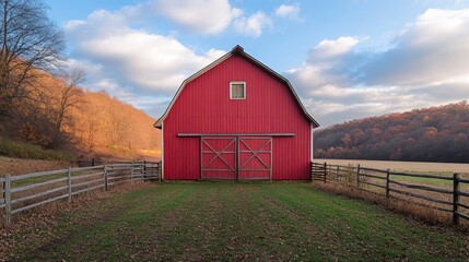 Obraz premium Red barn autumn valley landscape farm postcard