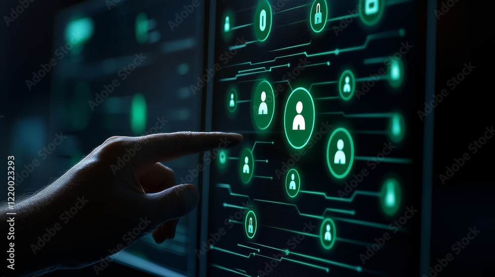 Poster fingertip initiates digital command, closeup of humancomputer interaction via key activation