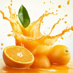 Artistic Splash of Organic Orange Juice with Fresh Fruit Elements