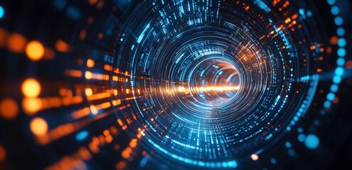 Obraz premium Cybernetic Tunnel: An abstract and futuristic digital art image showcasing a mesmerizing tunnel of swirling blue and orange neon lights.