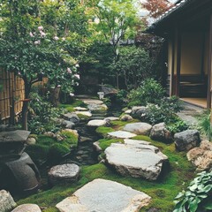 Obraz premium Serene Japanese Zen Garden Pathway with Moss and Water