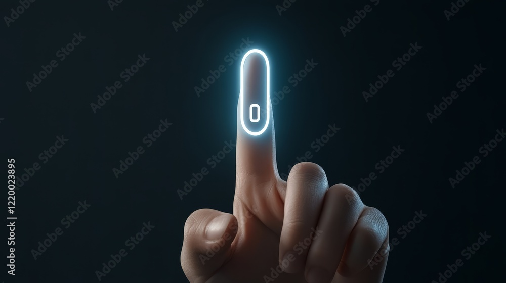 Aufkleber fingertip engaging illuminated button in a dark enigmatic setting finger