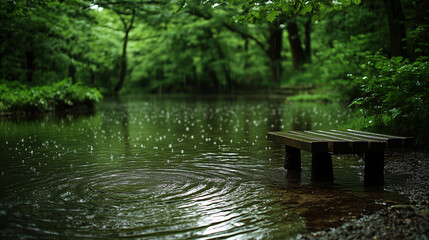 Naklejka premium Rainy Day in Lush Forest with River and Wooden Dock