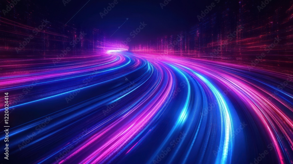 Poster futuristic neon light trails in cityscape night scene with speed and motion abstract design