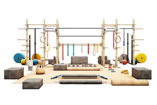 Gymnastics Rings and Bars Positioned in a Gym for Skill-Building Workouts