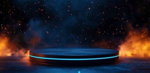 Cyberpunk Product Display: A futuristic, dark product display features a circular platform with neon blue accents, set against a backdrop of fiery orange flames, billowing smoke.