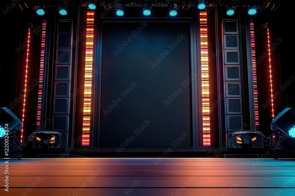 Poster stage setup featuring a large screen and multiple speakers for an event or performance