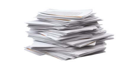 High stack of papers documents on a transparent  background