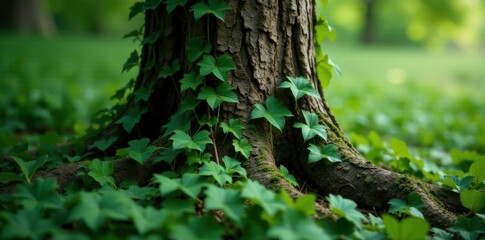 Dark brown tree trunk with lush green ivy vines, ivy, botanical