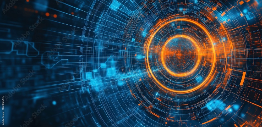Poster cybernetic vortex: an abstract digital artwork depicting a mesmerizing vortex of glowing blue and or