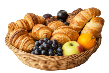 Bathed in the soft glow of natural light, an assortment of fresh pastries and fruits neatly arranged inside a woven basket creates a delightful visual symphony on a transparent background png