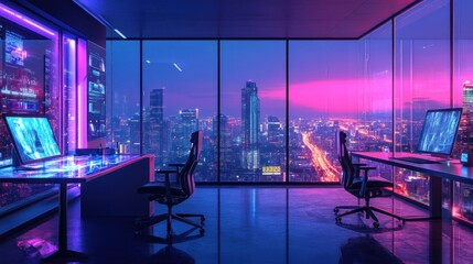 Neon Cityscape Gaming Setup: Futuristic Nighttime Office with Panoramic View