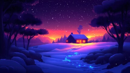 Modern Minimalist Winter Cabin in Snowy Forest with Bold Outline Design