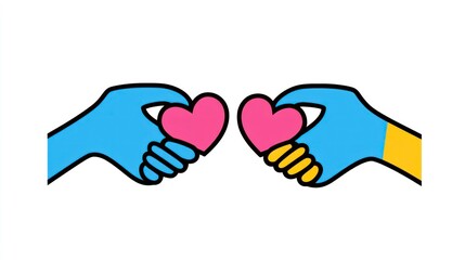 Vector icon of two hands holding a pink heart, against a white background. The design is simple, with flat colors and basic shapes. This is a 2D vector illustration depicting two people exchanging lov