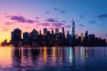 Fototapeta premium Twilight City Skyline Over the River with Skyscrapers and Vibrant Colors in Impressionism Style