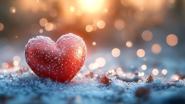 Romantic valentine's day postcard with heart in snowy background, vibrant and colorful design, hyper-realistic high-resolution photography