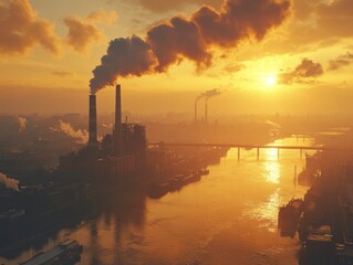 Fototapeta premium Industrial landscape at sunset with factory chimneys emitting smoke into the sky reflecting off the water surface
