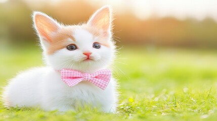 Adorable Kitten in Pink Bow Tie Posing Outdoors